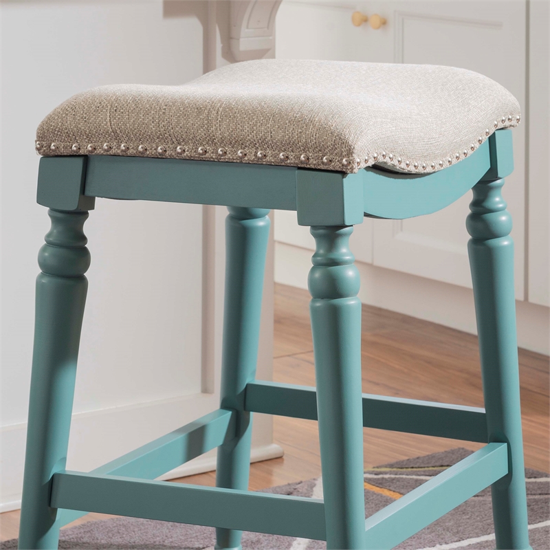 Pemberly Row Saddle Polyester Upholstery Wood Counter Stool in Blue - Set of 2