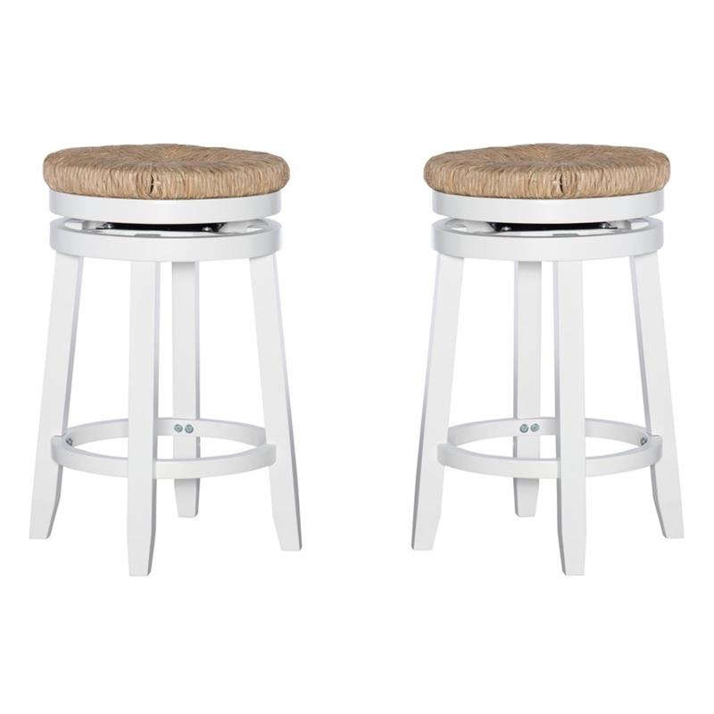 Pemberly Row Swivel Rush Wood Counter Stool in White - Set of 2