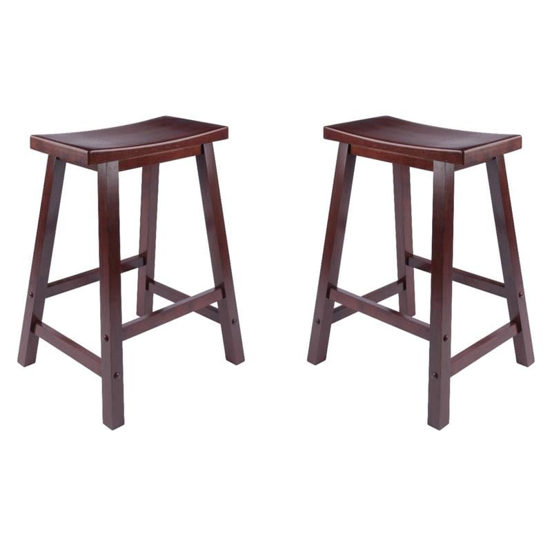 Pemberly Row Solid Wood Saddle Seat Counter Stool in Antique Walnut - Set of 2