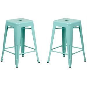 Pemberly Row 24&quot Metal Backless Counter Stool in Mint Green - Set of 2