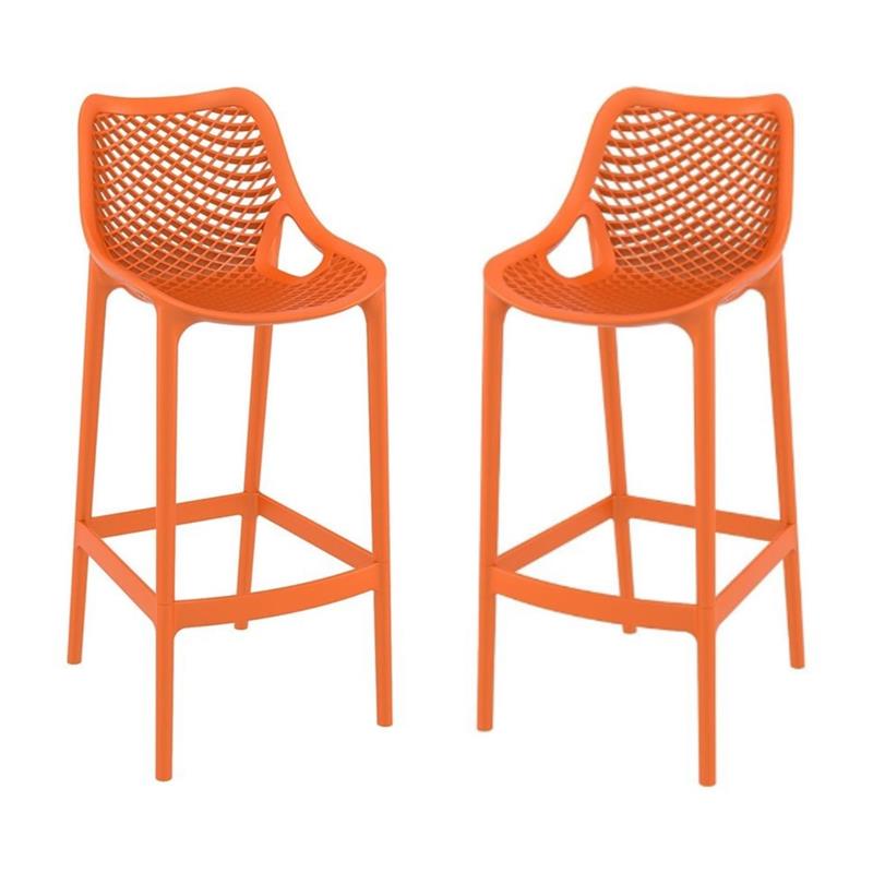 Pemberly Row Polypropylene Patio Bar Stool in Orange - Set of 2
