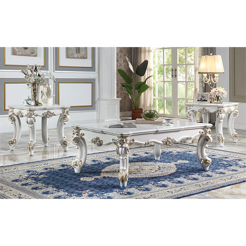 Pemberly Row Wooden Coffee Table with Scrolled Leg in Antique Pearl