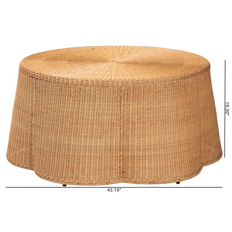 Pemberley Row Natural Rattan Honey Coffee Table Round Scalloped Fully Assembled