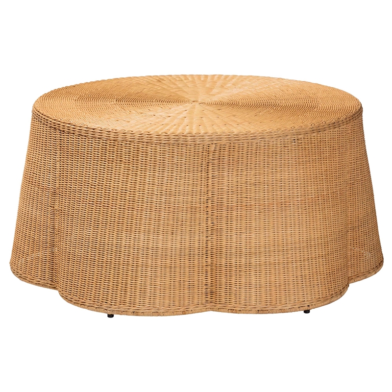 Pemberley Row Natural Rattan Honey Coffee Table Round Scalloped Fully Assembled