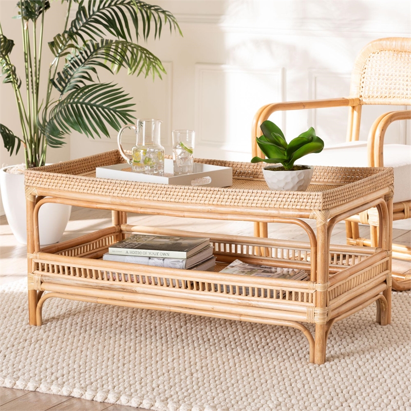 Pemberly Row Contemporary Bohemian Natural Rattan Coffee Table