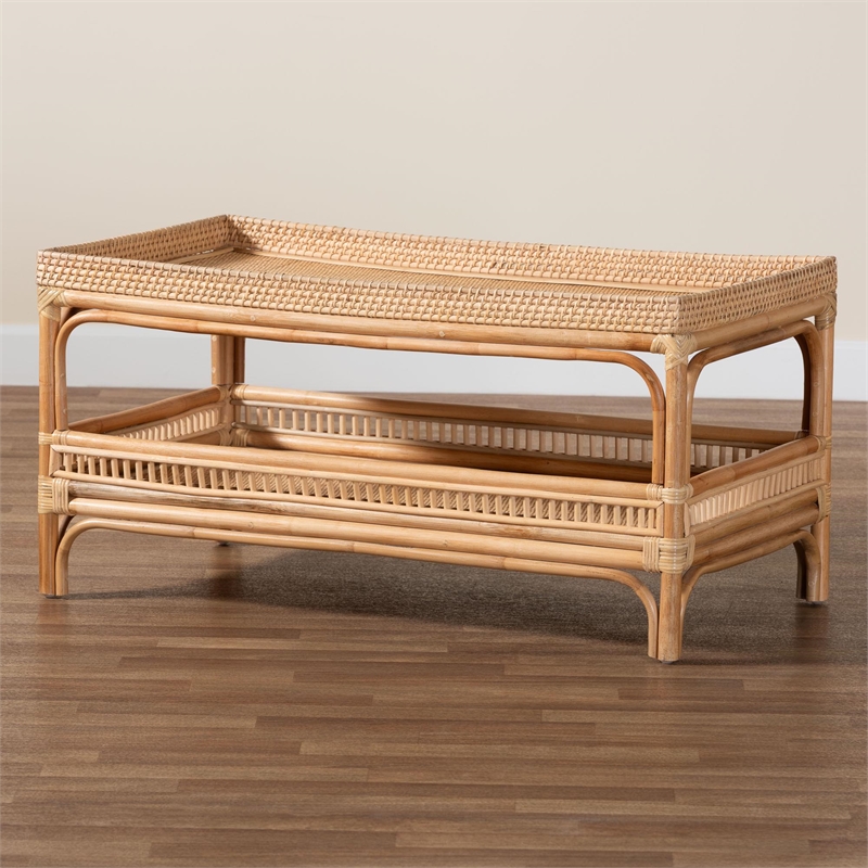 Pemberly Row Contemporary Bohemian Natural Rattan Coffee Table