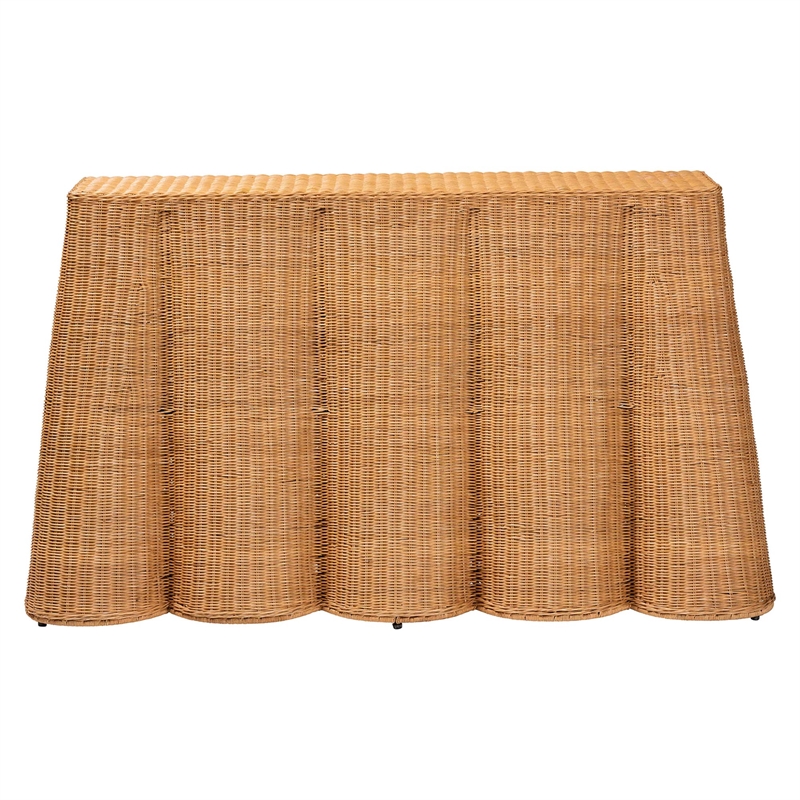 Pemberly Row Contemporary Bohemian Honey Scallop Rattan Console Table