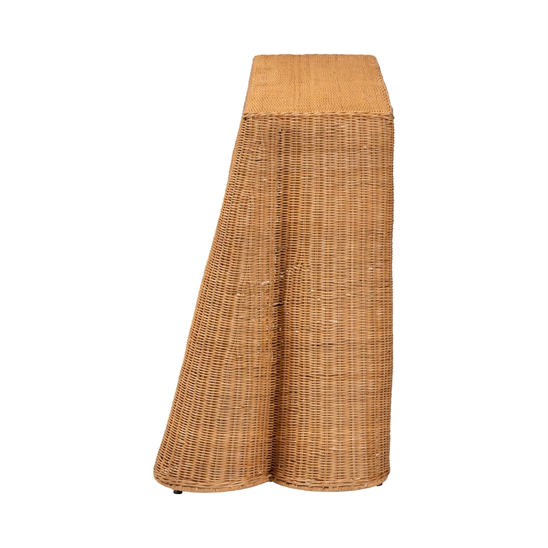Pemberly Row Contemporary Bohemian Honey Scallop Rattan Console Table