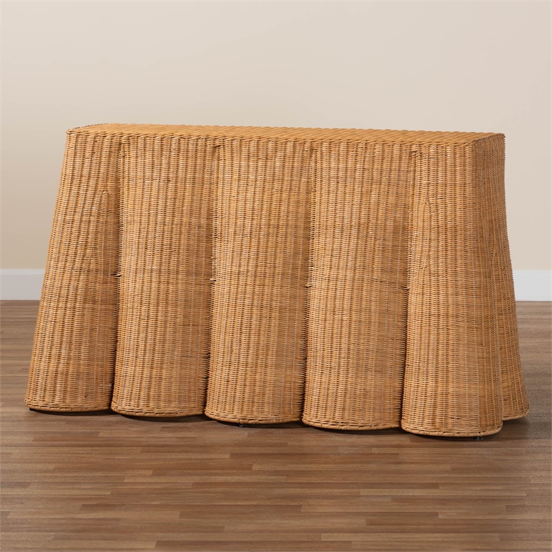 Pemberly Row Contemporary Bohemian Honey Scallop Rattan Console Table