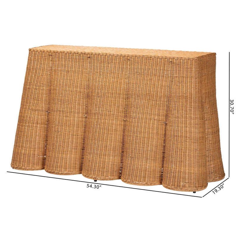 Pemberly Row Contemporary Bohemian Honey Scallop Rattan Console Table