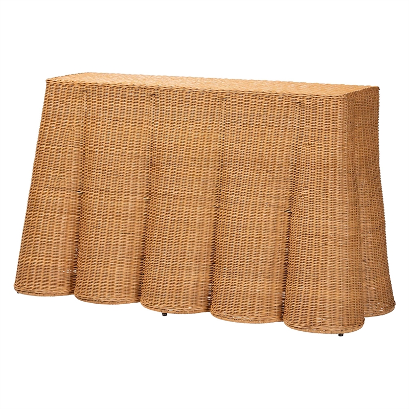 Pemberly Row Contemporary Bohemian Honey Scallop Rattan Console Table