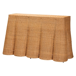 Pemberly Row Contemporary Bohemian Honey Scallop Rattan Console Table