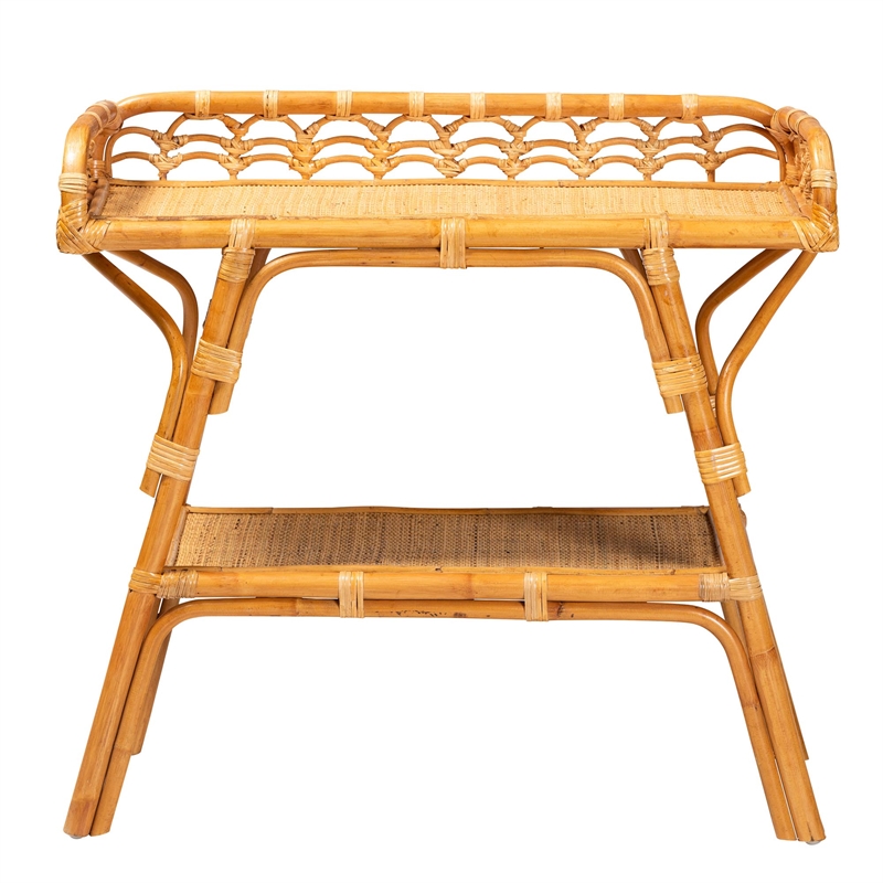Pemberly Row Modern Bohemian Natural Rattan 2-Tier Console Table