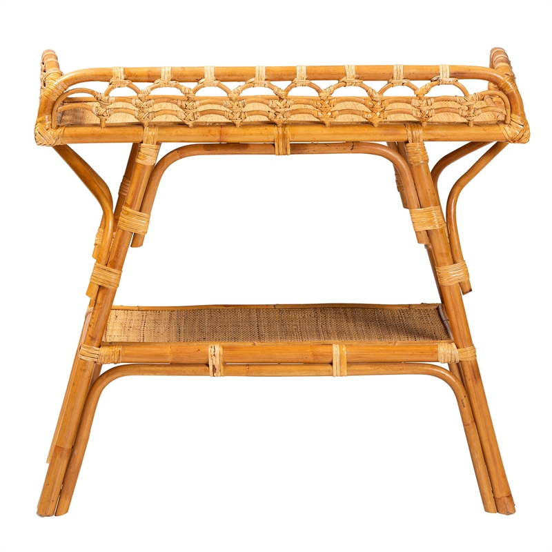 Pemberly Row Modern Bohemian Natural Rattan 2-Tier Console Table
