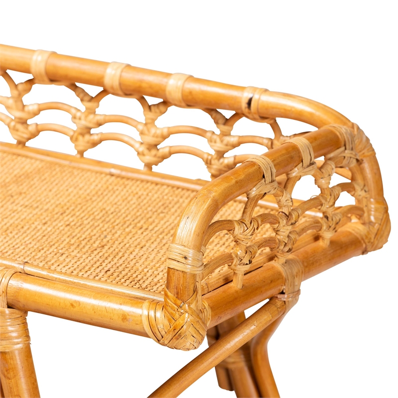 Pemberly Row Modern Bohemian Natural Rattan 2-Tier Console Table