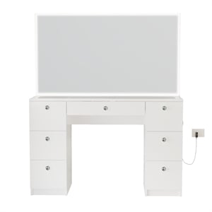 Pemberly Row White Vanity Desk Lights 7 Drawers Mirror Crystal Knobs