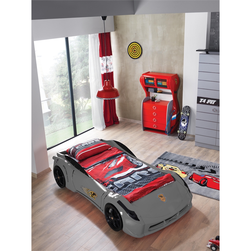 Pemberly Row Modern Wood TT Twin Race Car Bed with Remote Control in Gray