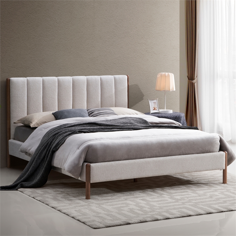 Pemberly Row Modern Upholstered Platform Queen Bed in Cream Fabric