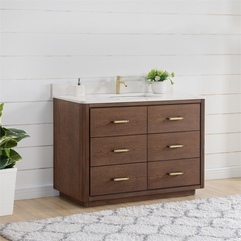Pemberley Row Solid Oak Dark Brown Single Bath Vanity Rectangular Fully Assembled 48