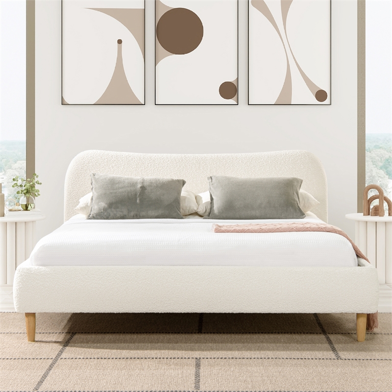 Pemberly Row Curved Headboard Upholstered Platform Bed King Ivory White Boucle