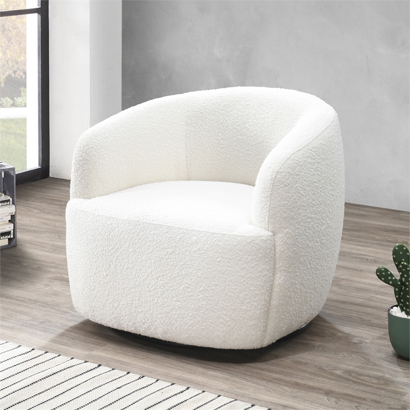Pemberly Row Upholstered Mid-Century Fabric Swivel Chair in White