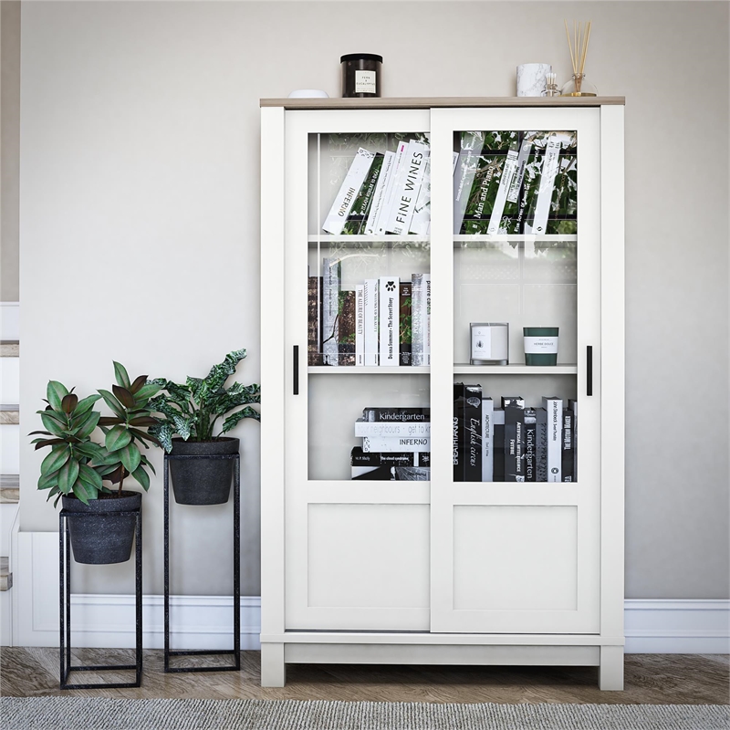 Pemberly Row Rustic Farmhouse Bookcase Cabinet - White w/Brown Oak