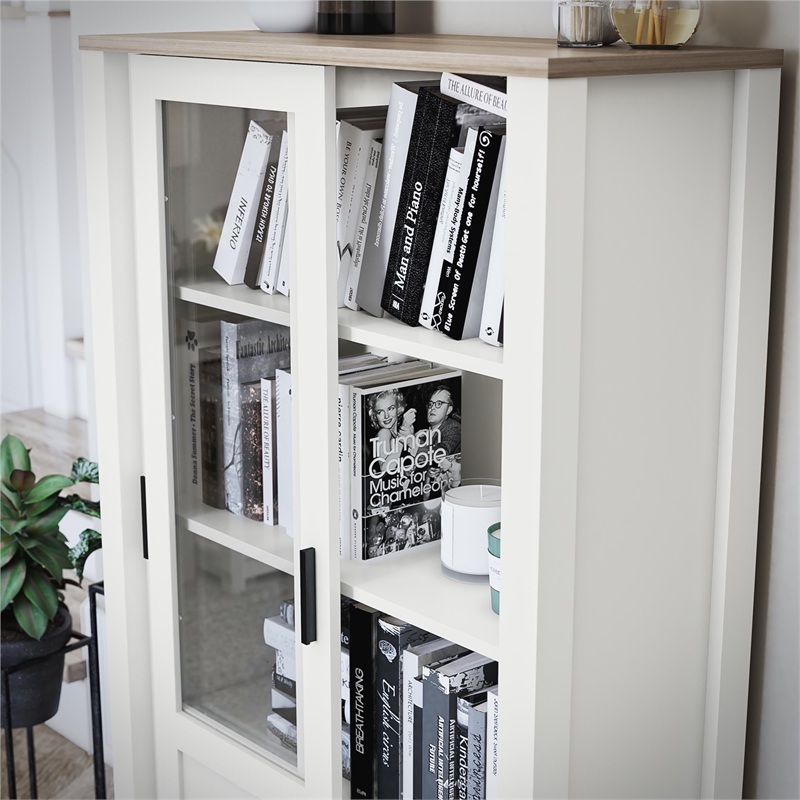 Pemberly Row Rustic Farmhouse Bookcase Cabinet - White w/Brown Oak