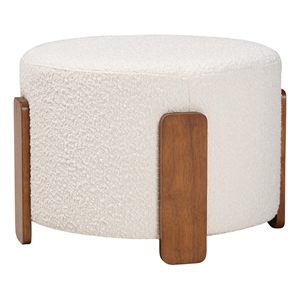 Pemberly Row Cream Boucle Fabric and Brown Wood Ottoman Footstool