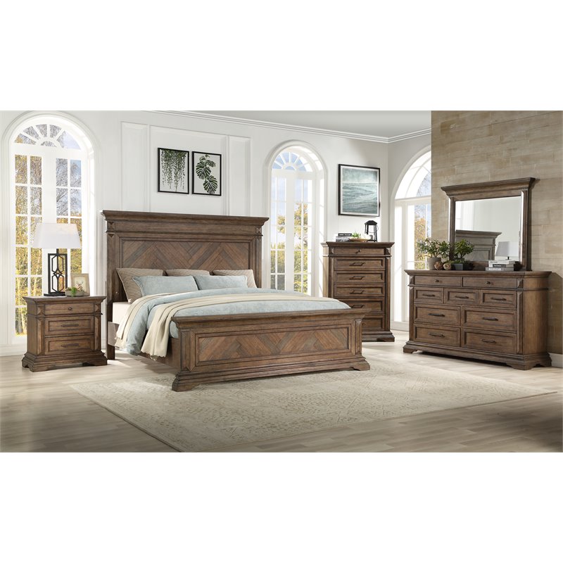 Pemberly Row Contemporary Solid Wood Queen Bed in Brushed Walnut
