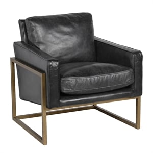 Pemberly Row Transitional Leather Club Chair in Black / Brass