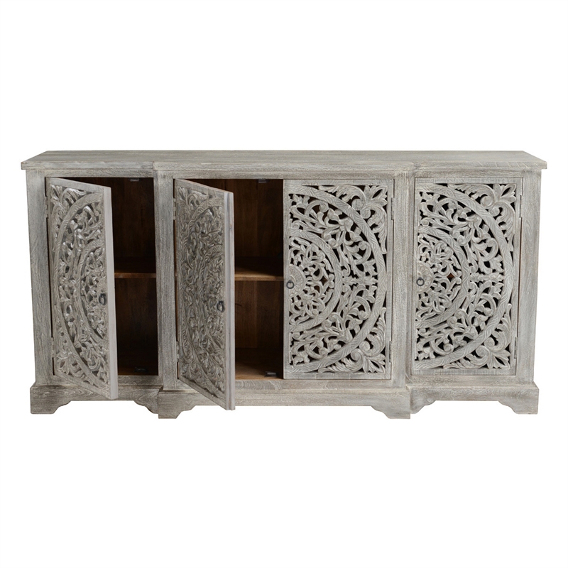 Pemberly Row 4-Door Transitional Mango Wood Sideboard in Gray