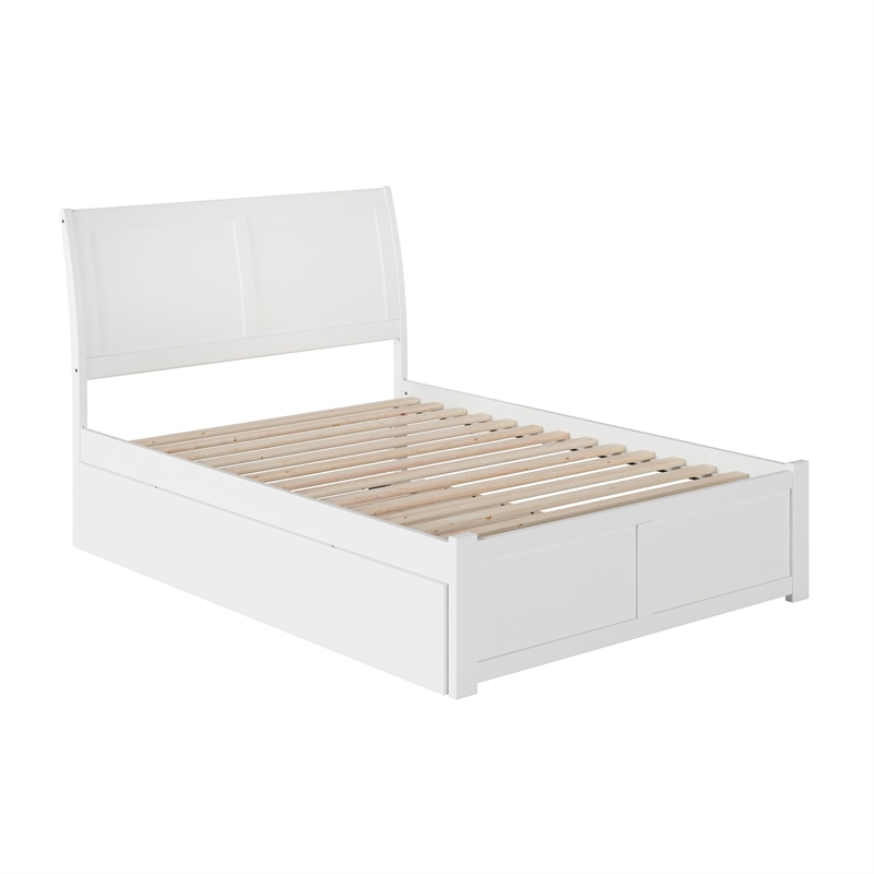 Pemberly Row Full Wood Platform Bed with Footboard and Full Trundle in White