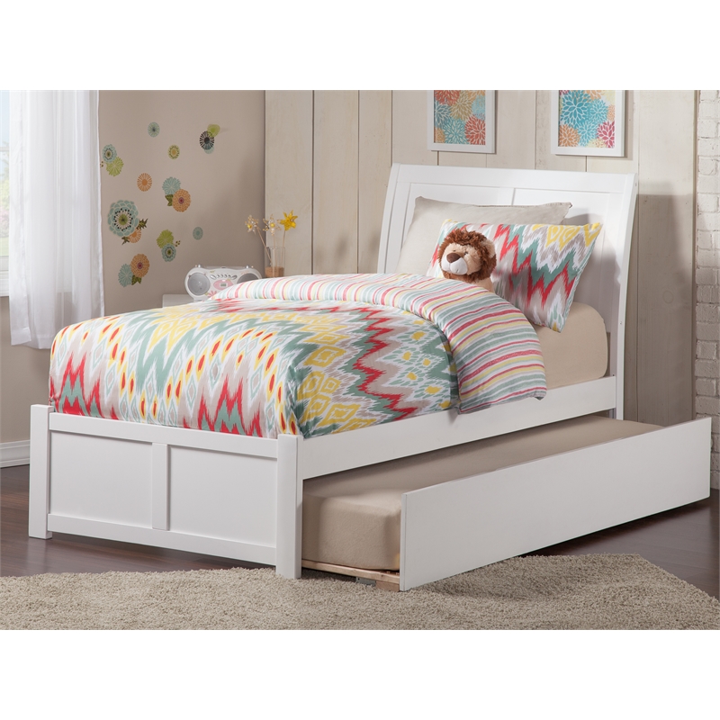 Pemberly Row Twin XL Wood Platform Bed with Footboard & Twin XL Trundle in White