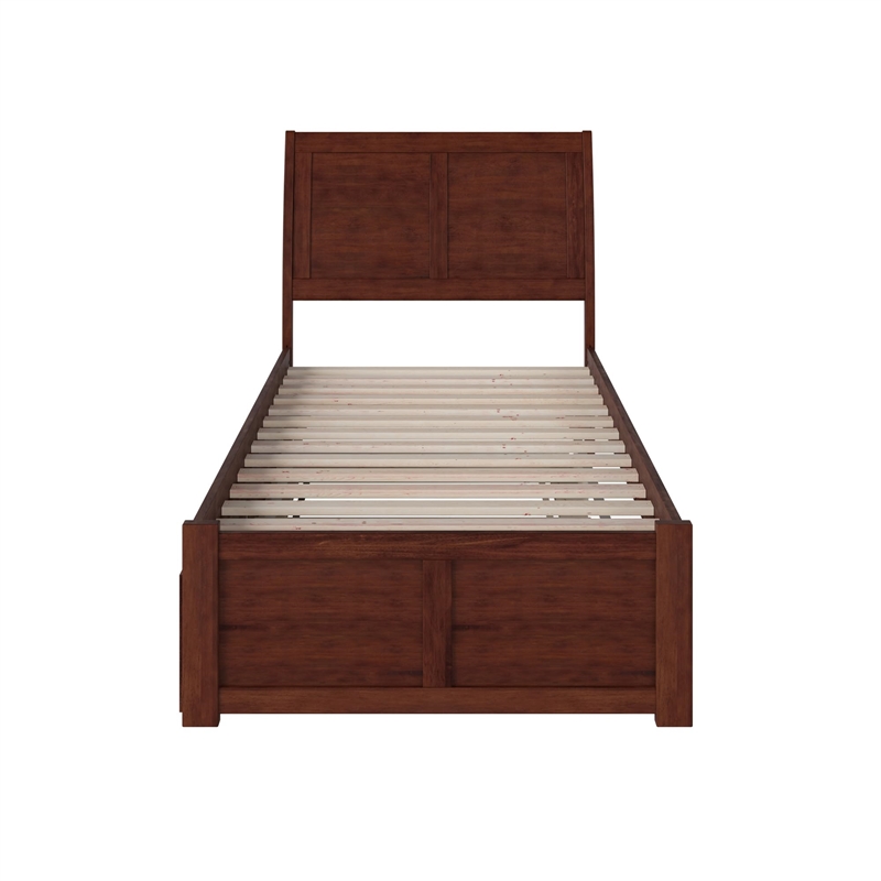 Pemberly Row Twin XL Wood Platform Bed with Footboard & Twin XL Trundle - Walnut