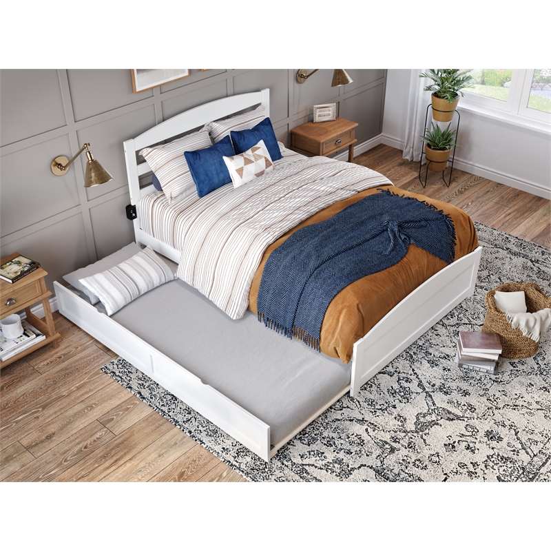 Pemberly Row Solid Wood Queen Traditional Bed w/ Twin XL Trundle in White