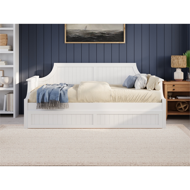 Pemberly Row Mid-Century Solid Wood Daybed with Twin Trundle in White