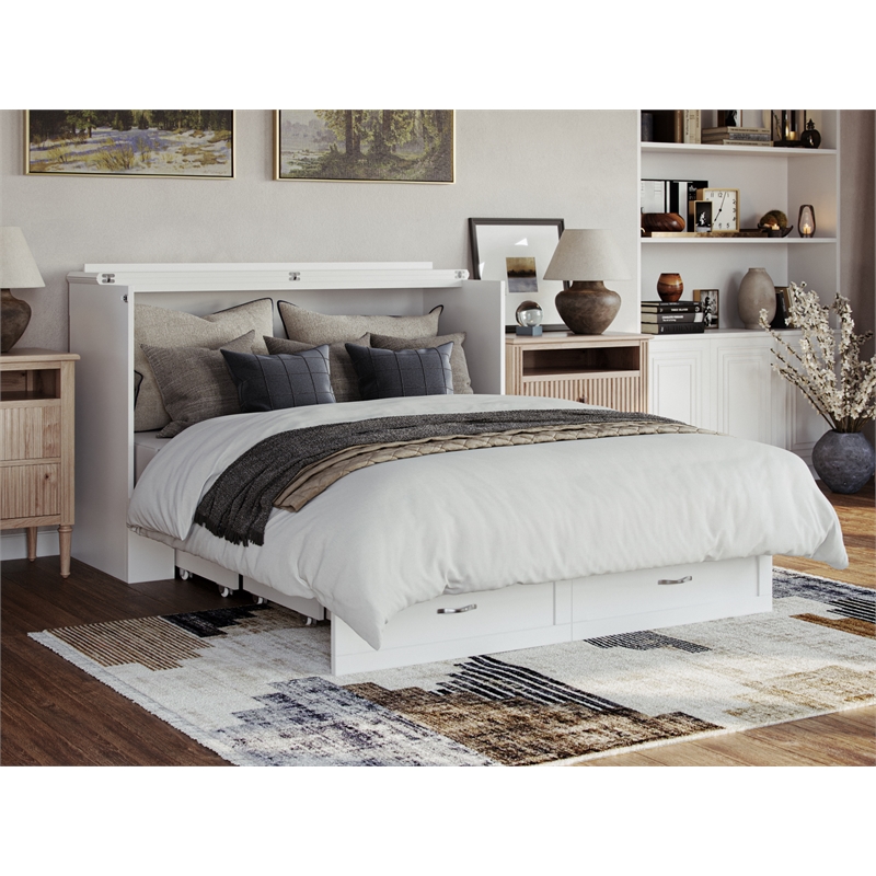 Pemberly Row Modern Queen Solid Wood Murphy Bed Chest with Mattress in White