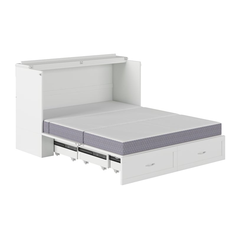 Pemberly Row Modern Queen Solid Wood Murphy Bed Chest with Mattress in White