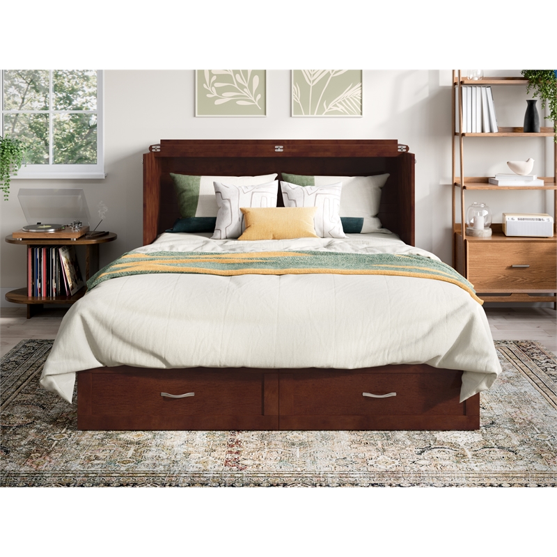 Pemberly Row Modern Queen Solid Wood Murphy Bed Chest with Mattress in Walnut