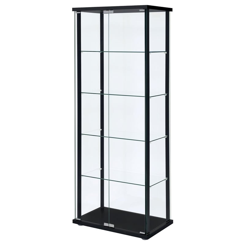 Pemberly Row Contemporary Wood 2 Piece 5 Shelf Glass Curio Cabinet Set in Black