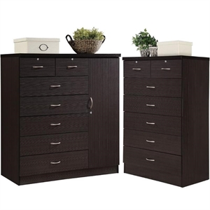 Pemberly Row Hodedah 2 Piece 7 Drawer Wood Chest Set with Locks in Chocolate