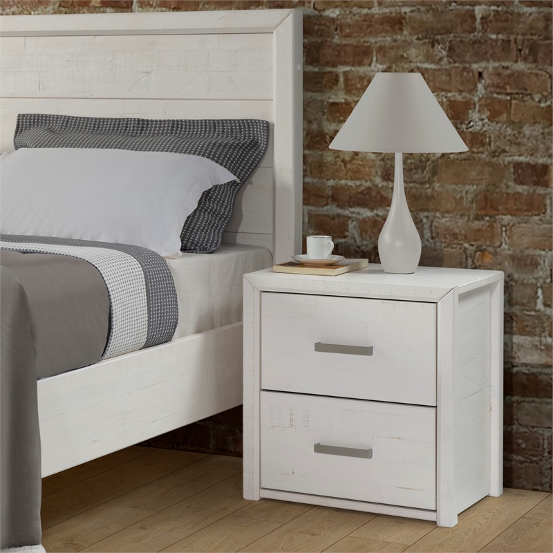 Pemberly Row Contemporary Nightstand with 2 Drawers in Shabby White Finish