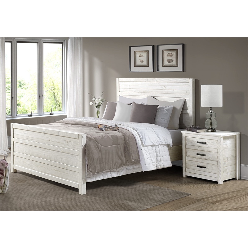 Pemberly Row Contemporary Solid Wood Queen Bed in Antique White