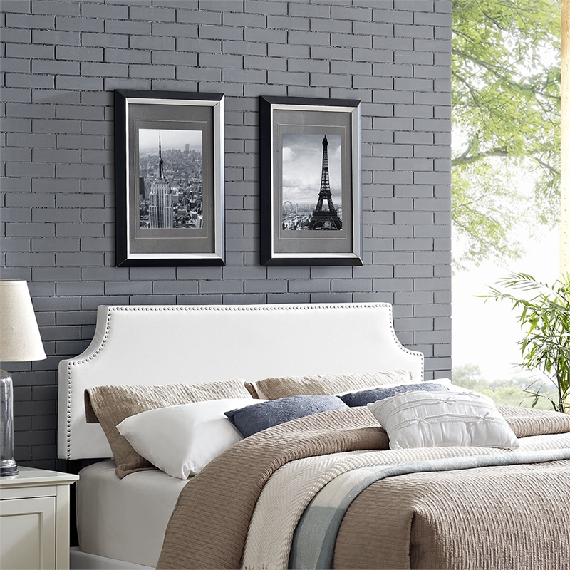 Pemberly Row Full Upholstered Vinyl and Solid Wood Headboard in White