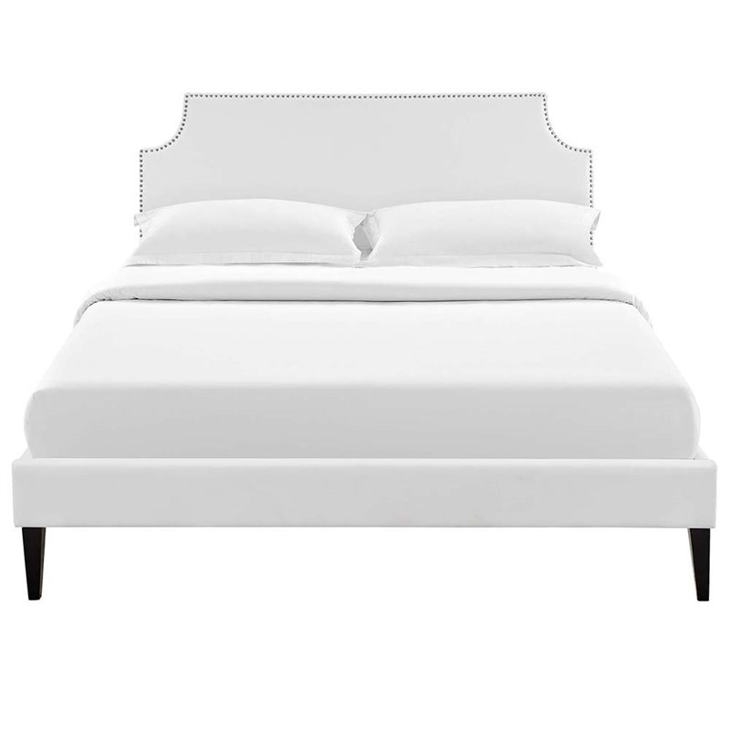 Pemberly Row Vinyl Queen Platform Bed with Squared Tapered Legs in White