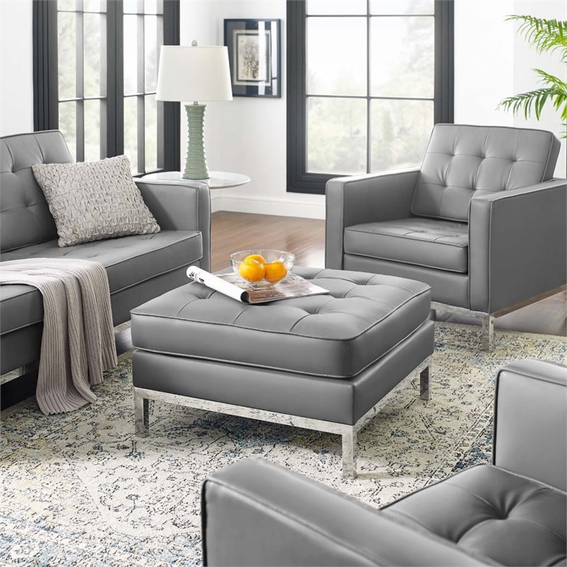 Pemberly Row Tufted Upholstered Faux Leather Ottoman in Silver and Gray