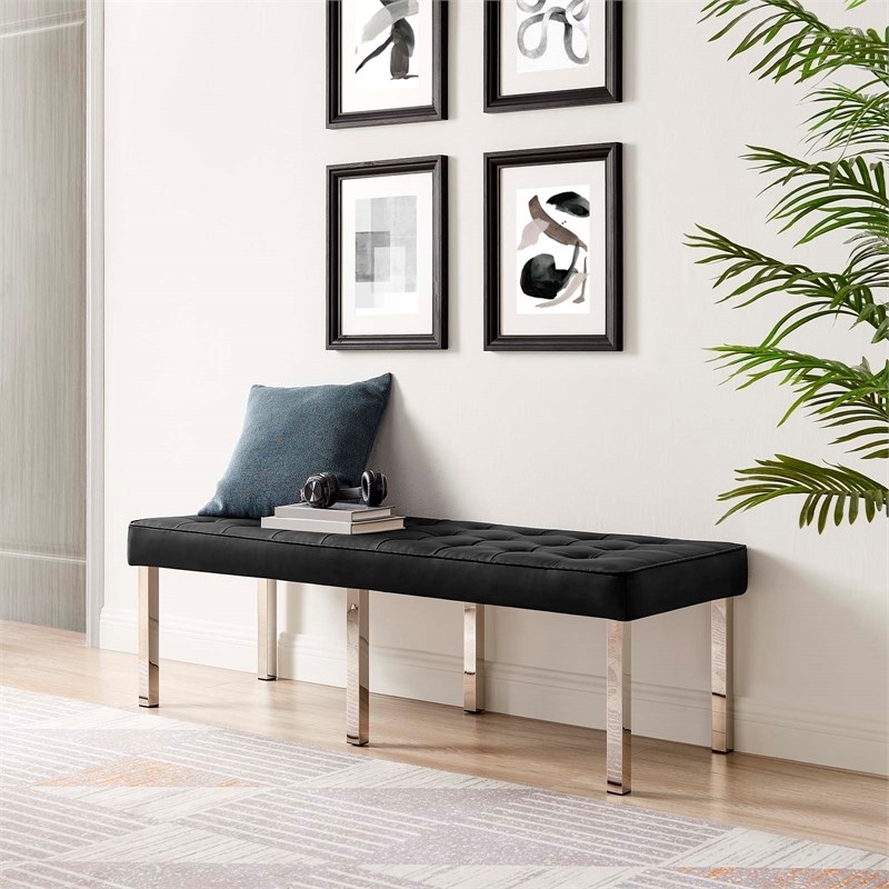 Pemberly Row Tufted Vegan Leather Stainless Steel Bench in Silver/Black