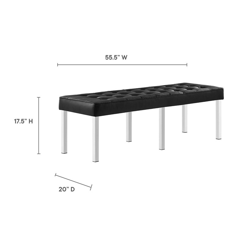Pemberly Row Tufted Vegan Leather Stainless Steel Bench in Silver/Black