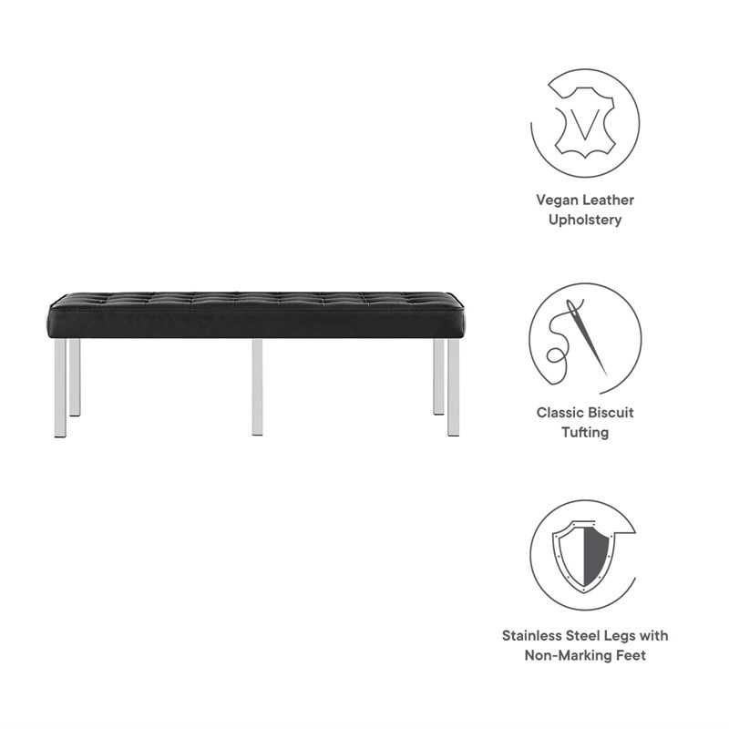 Pemberly Row Tufted Vegan Leather Stainless Steel Bench in Silver/Black