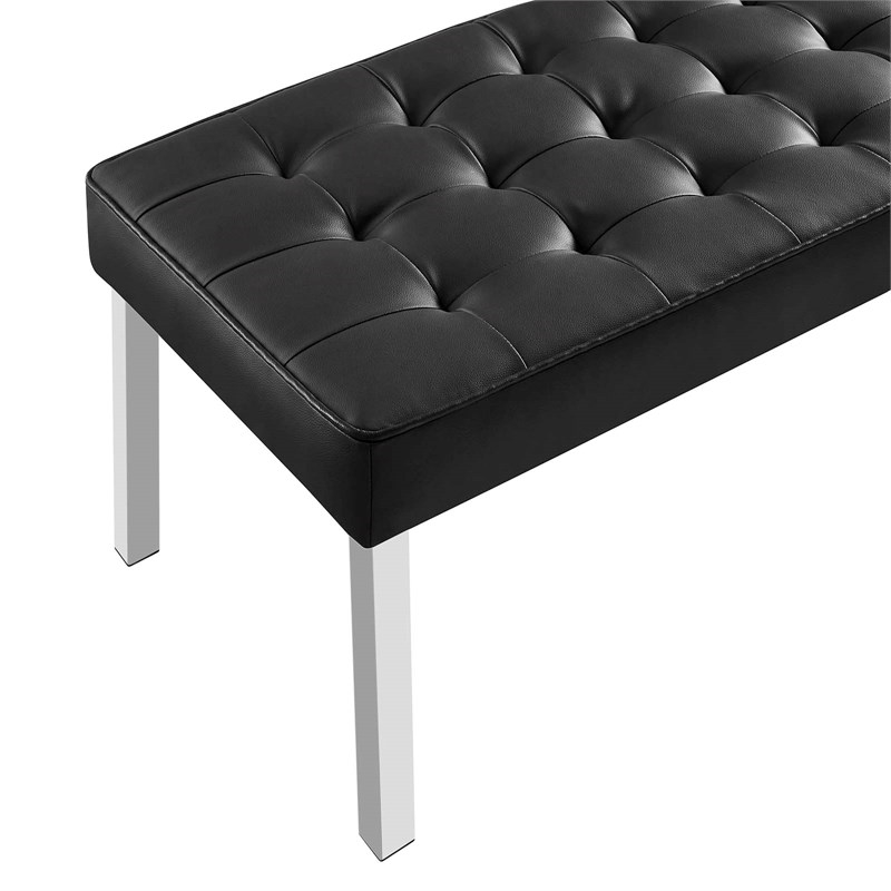 Pemberly Row Tufted Vegan Leather Stainless Steel Bench in Silver/Black